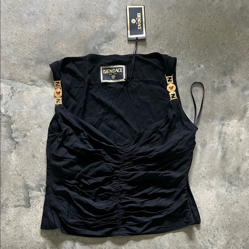 Authentic FENDACE Black Ruched Tank Top with Gold Accent